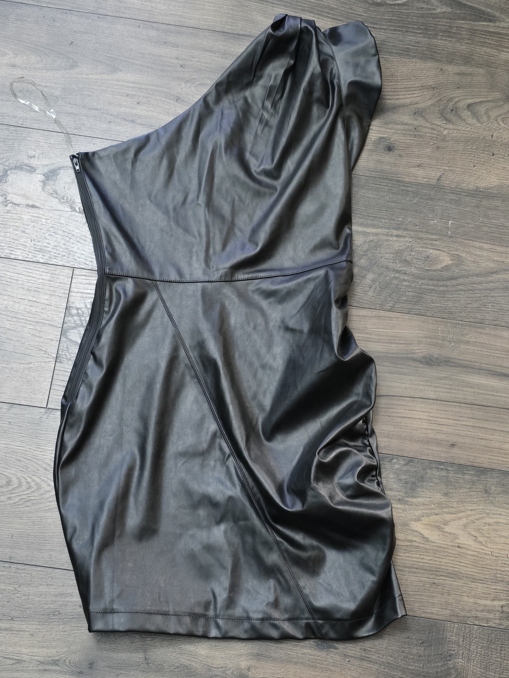 Entro Vegan Faux Leather One Shoulder Mini Dress S Black Ruffle Sexy Cocktail